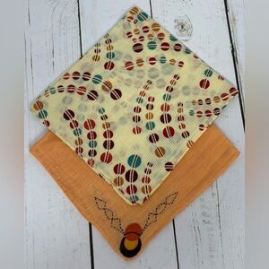 VINTAGE 30's-40's Handmade Handkerchiefs Set Of 2 Patterned 12x11 & Orange 11x11